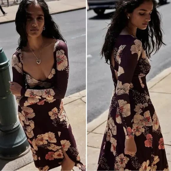 Free People Calla Midi Maxi Dress in Plum Combo Size XL Edgy Floral 90s Bohemian - Picture 3 of 15